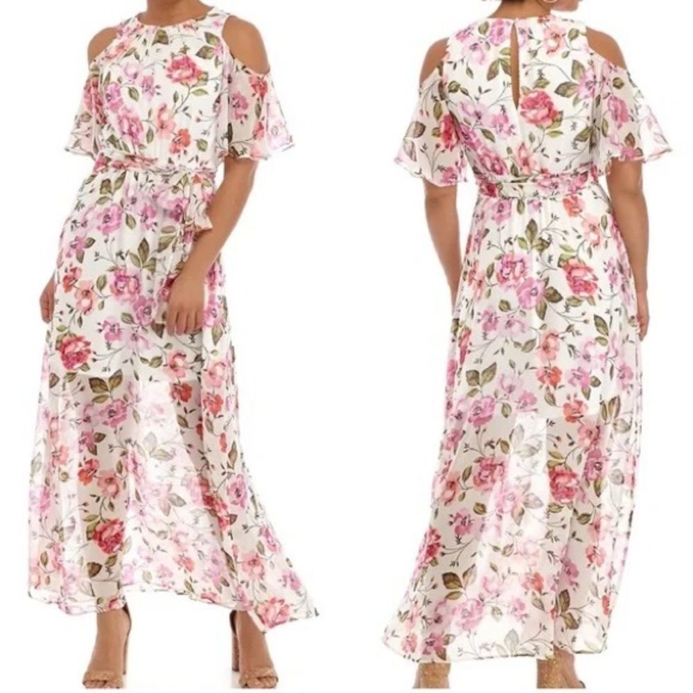 Calvin Klein Chiffon Cold Shoulder Floral Maxi Dress Size 10 NWT